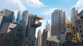 The Modern background created for the fourth stages of the game. A city theme, with buildings that appear as dinosaur figures.