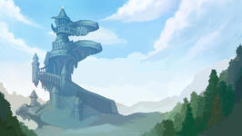 The Medieval background created for the second stages of the game. A castle theme, with a tower that appear as a dinosaur figure.