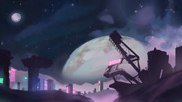 The Futuristic background created for the first stages of the game. A space theme, with some machinery that appears as a dinosaur figure.