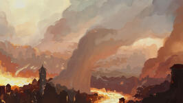 The Dark Ages background created for the third stages of the game. A catastrophe theme, with a burning city and a large smoke figure as a dinosaur.